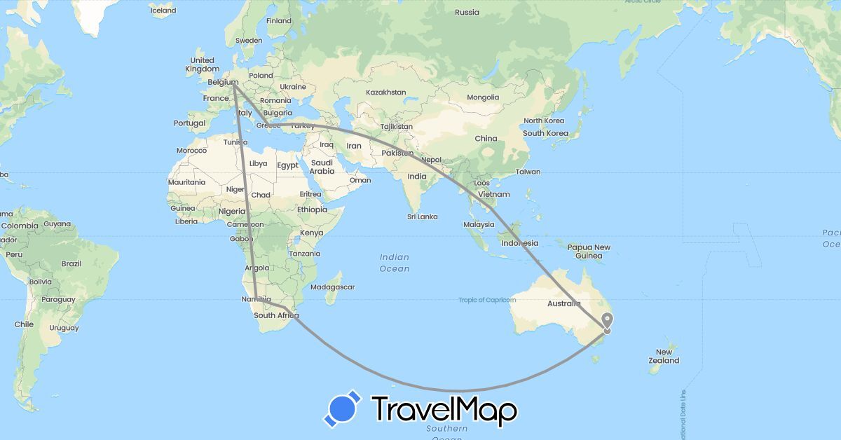 TravelMap itinerary: driving, plane in Australia, Germany, Greece, Namibia, Vietnam, South Africa (Africa, Asia, Europe, Oceania)